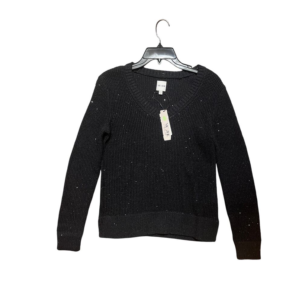 NIC + ZOE Shimmer V-Neck Long Sleeve Waffle Stitch Black Sweater XS - Picture 2 of 3